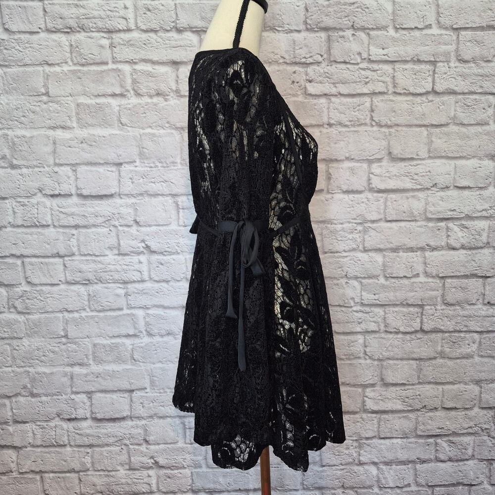 Free People Ruby Lace black mini dress bell sleeves fit flare round neckline  XS - Picture 8 of 10